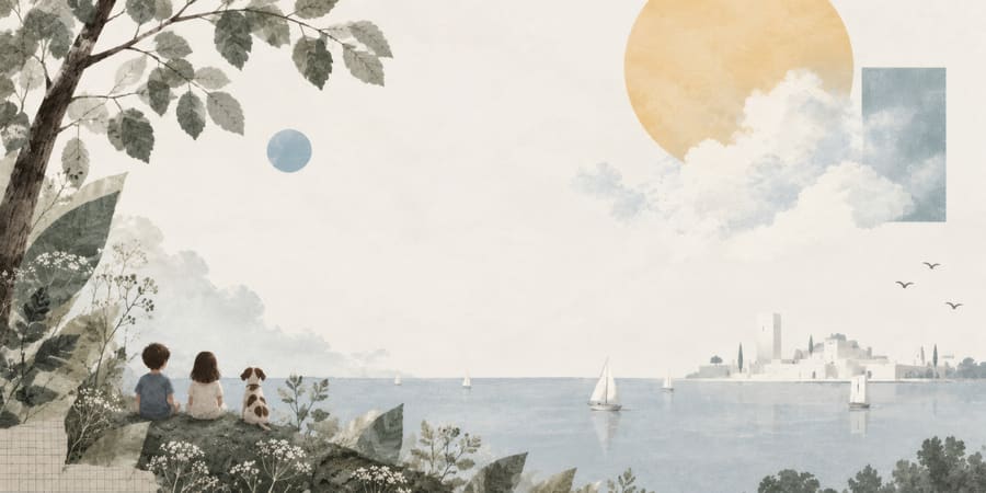 Illustration of two children and a puppy sitting on a hill above the sea, looking toward sailboats, a white seaside town and a large yellow sun