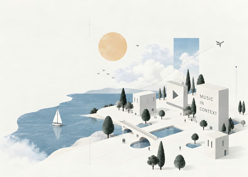 Illustration of a white seaside town with cypress trees, a sailboat on blue water, and a building marked Music in Context